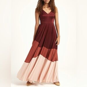 KAREN MILLEN Colorblock Pleated Dress Size 6 Maxi V Neck Burgundy Formal Evening